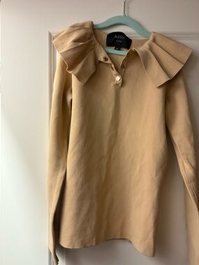 Womens Aliza Paris Ruffle Collar Beige Top XS